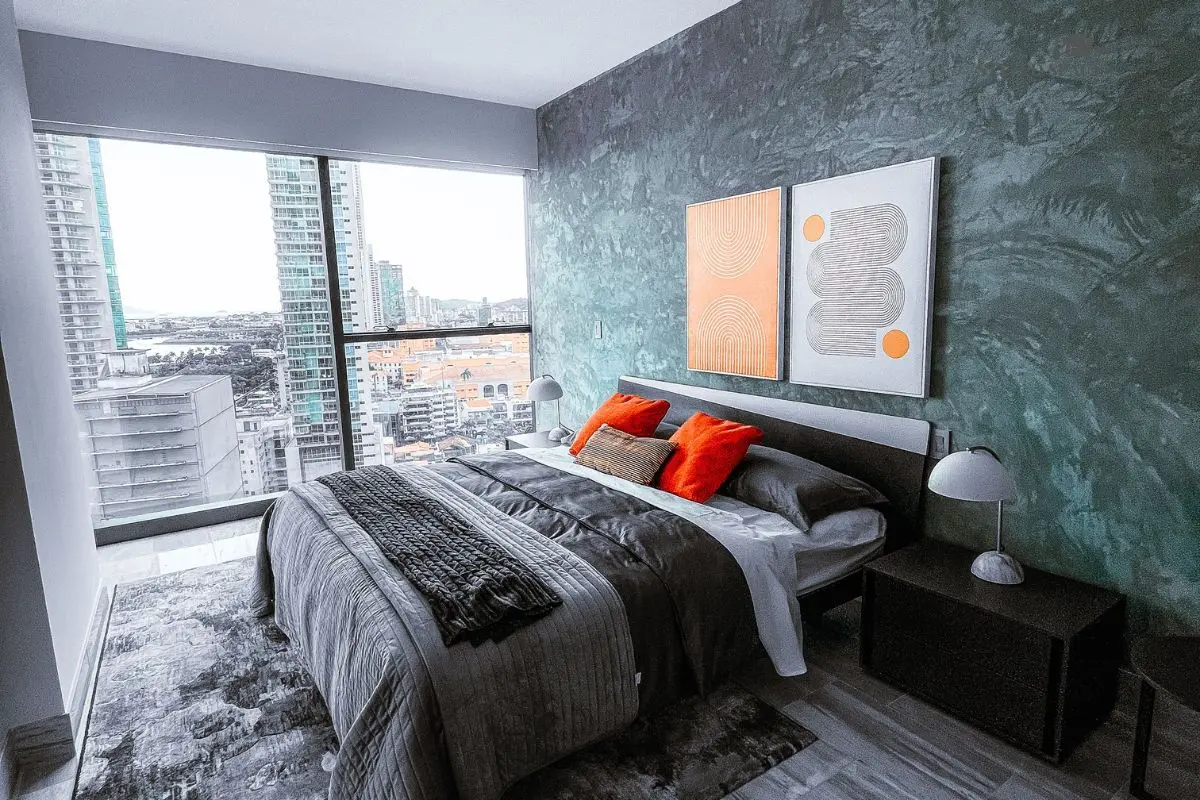Bedroom accent wall color pulled from a favorite piece of art