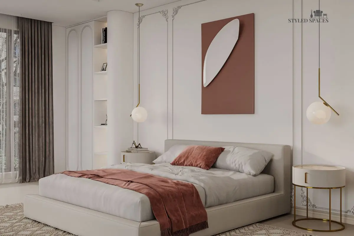 Bedroom textiles balanced with one bold pattern, one quiet pattern, and a solid