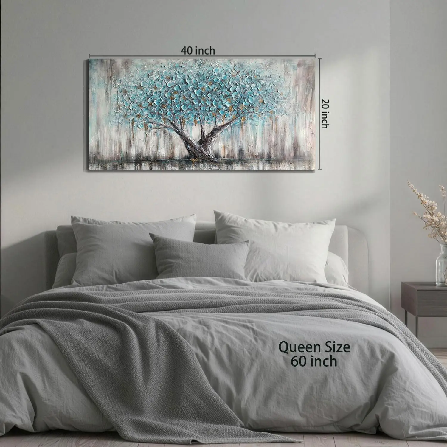 Arjun Tree of Life wide canvas in teal above a bed