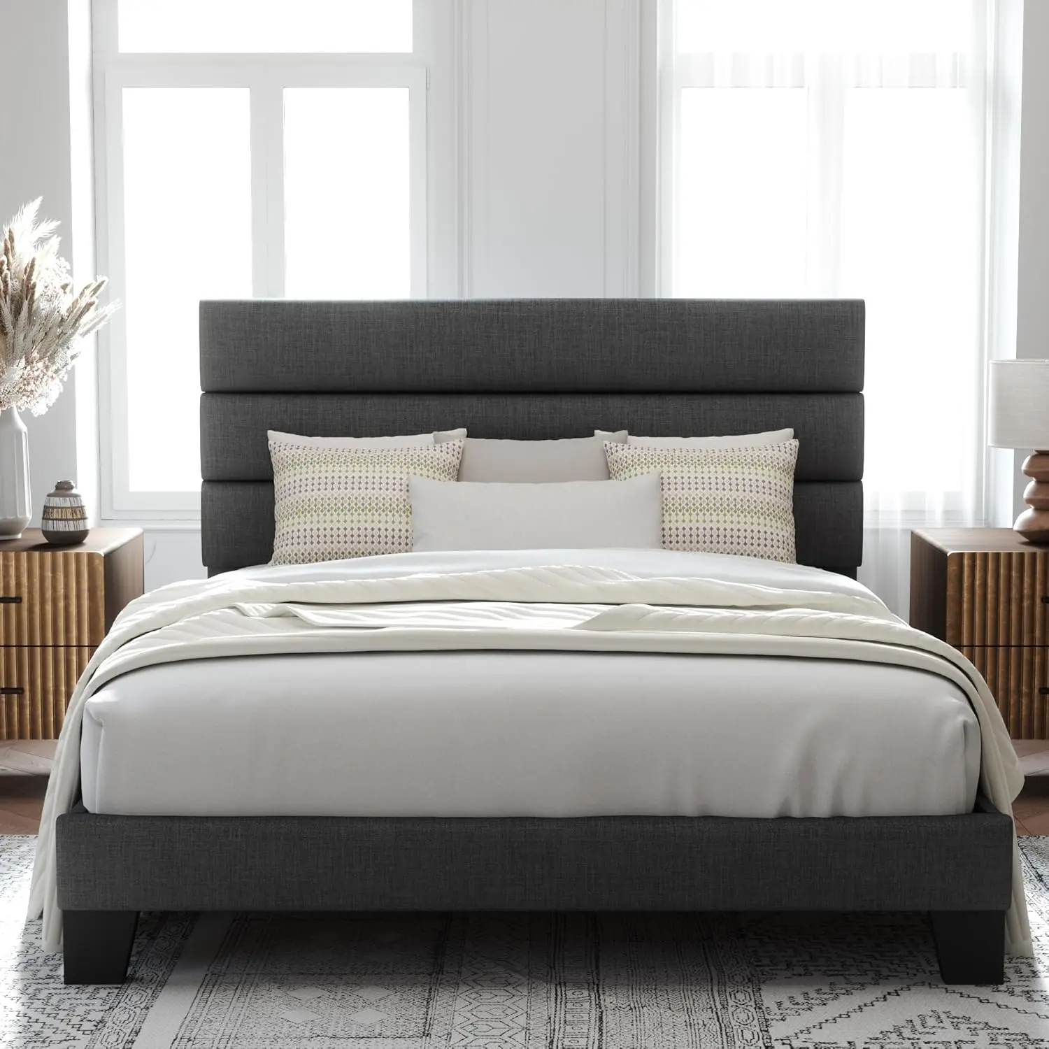 Allewie grey upholstered low platform bed