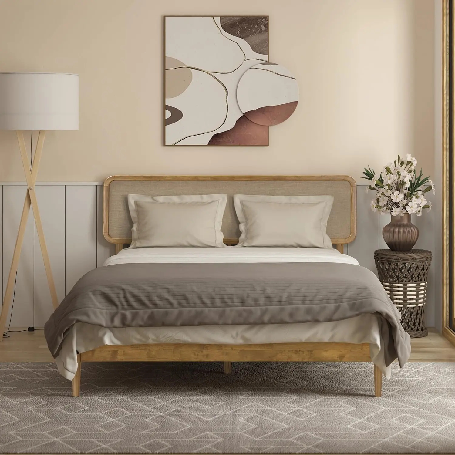 NTC Lupin solid oak bed frame with woven cane and linen headboard
