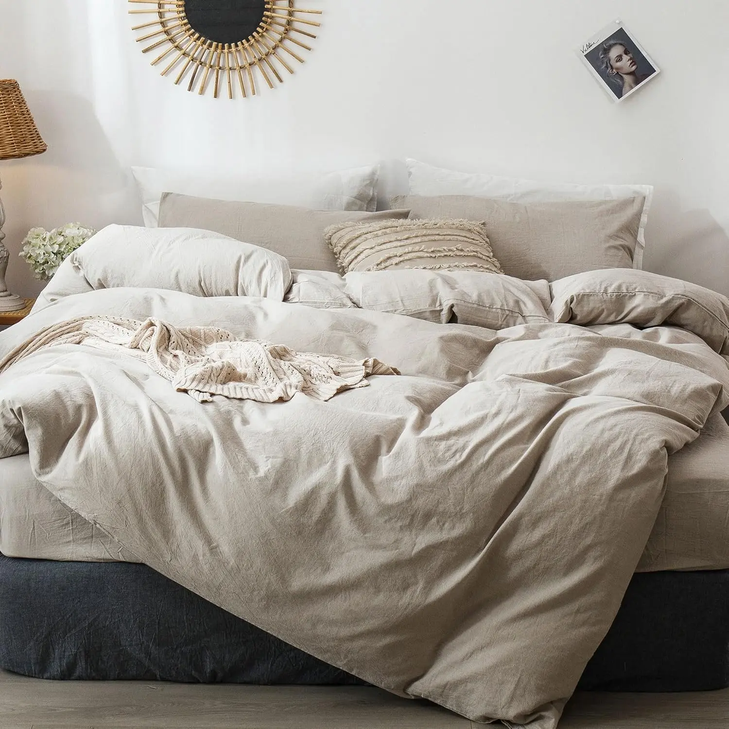 MooMee washed cotton duvet set in natural beige, layered bedding