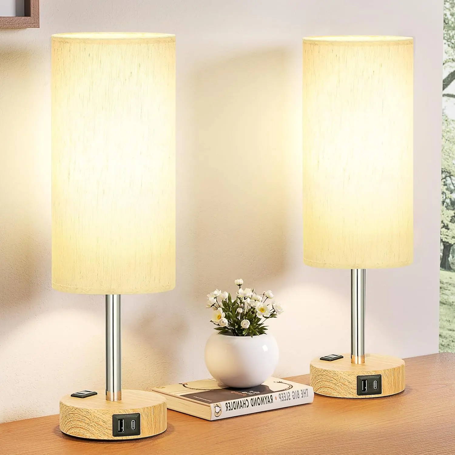 Fenmzee touch dimmable bedside lamps set of 2 with wood base