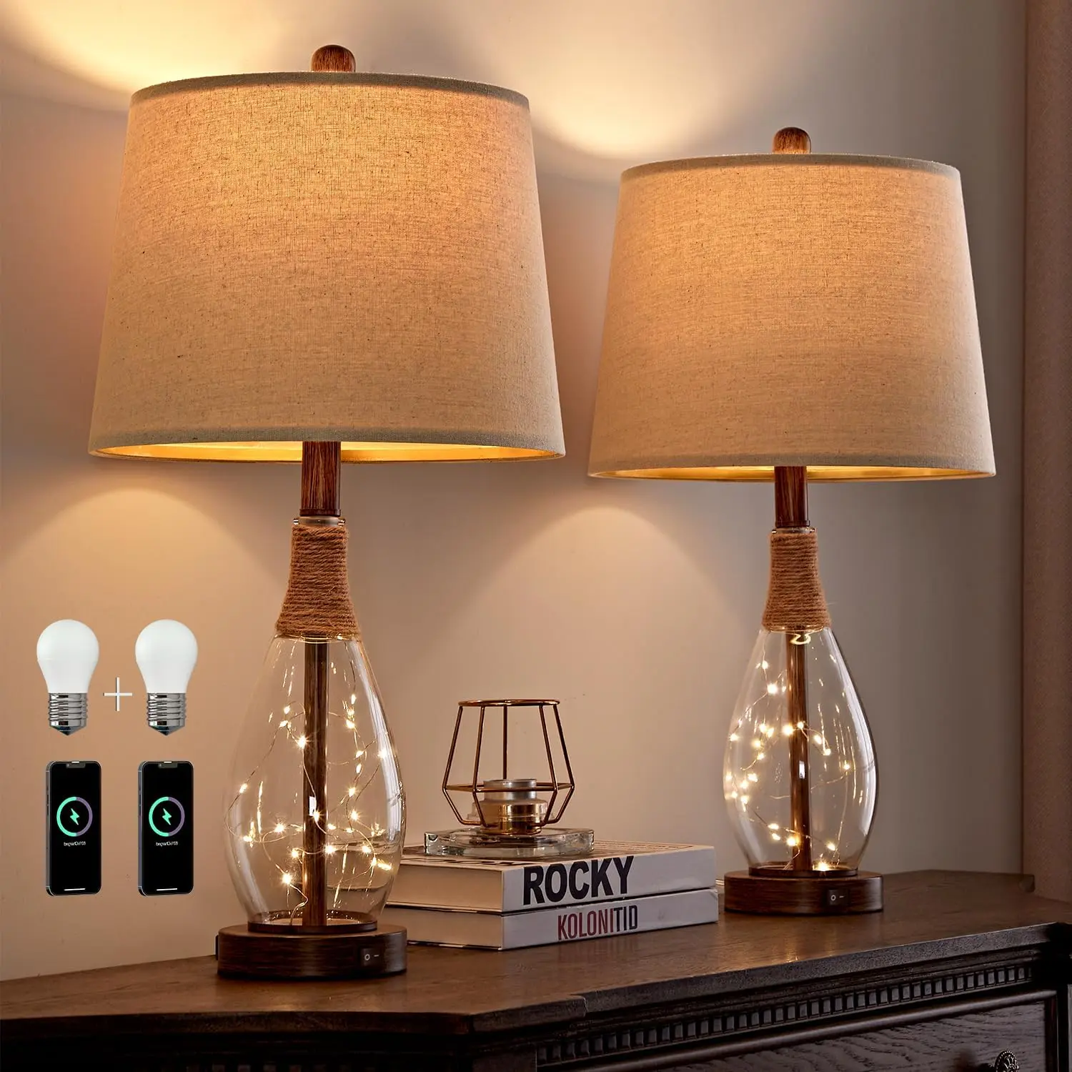 OYEARS rattan and glass bedside lamps set of 2 with USB