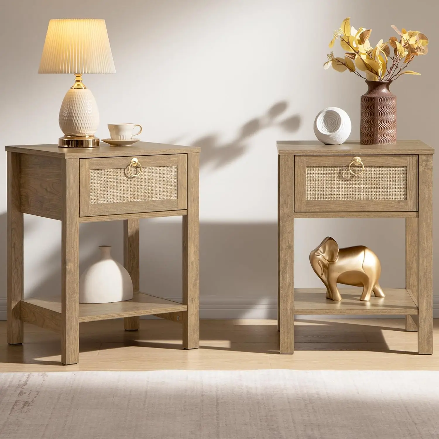 SICOTAS rattan nightstand set of 2 with drawer and shelf
