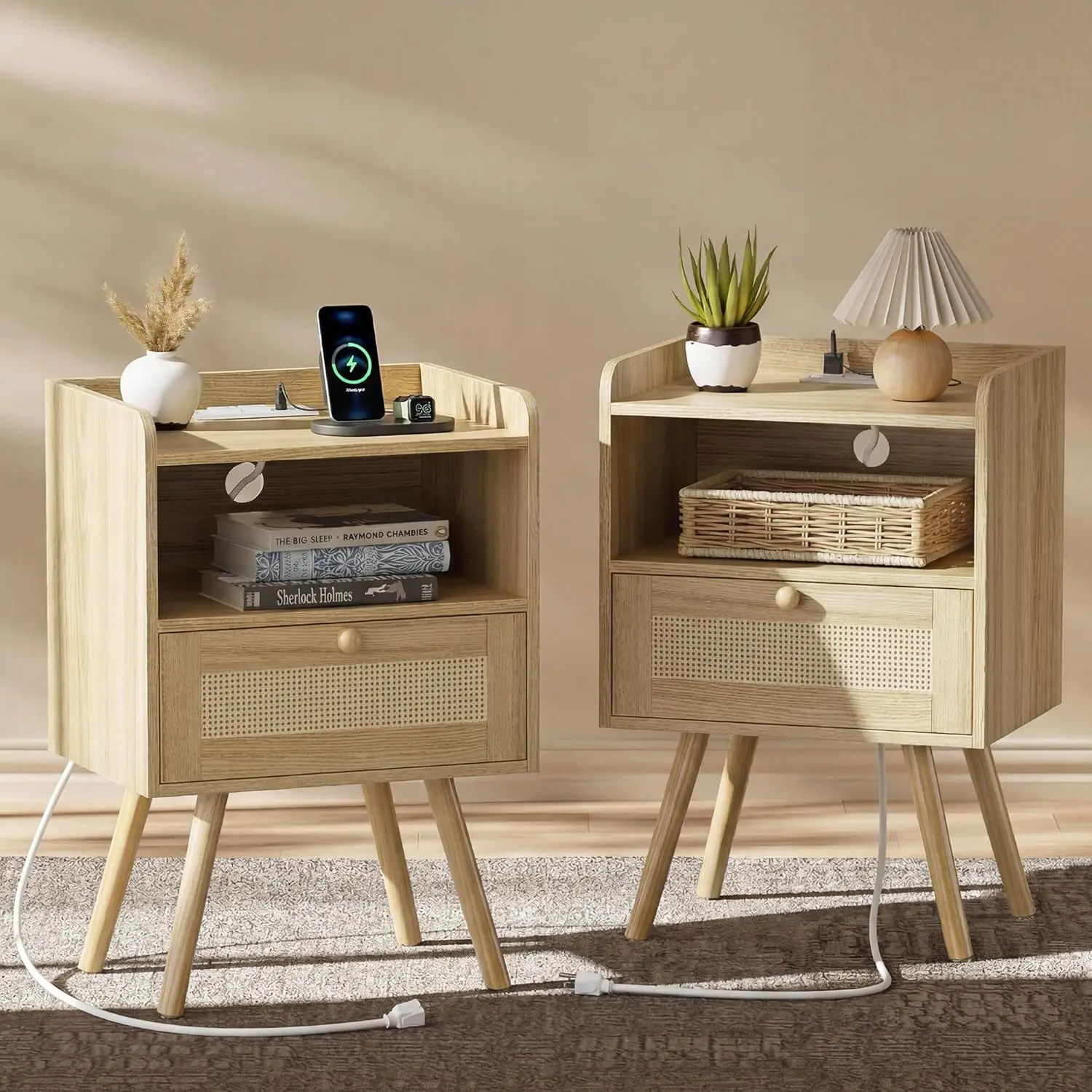SUPERJARE nightstand set of 2 with charging station and drawer