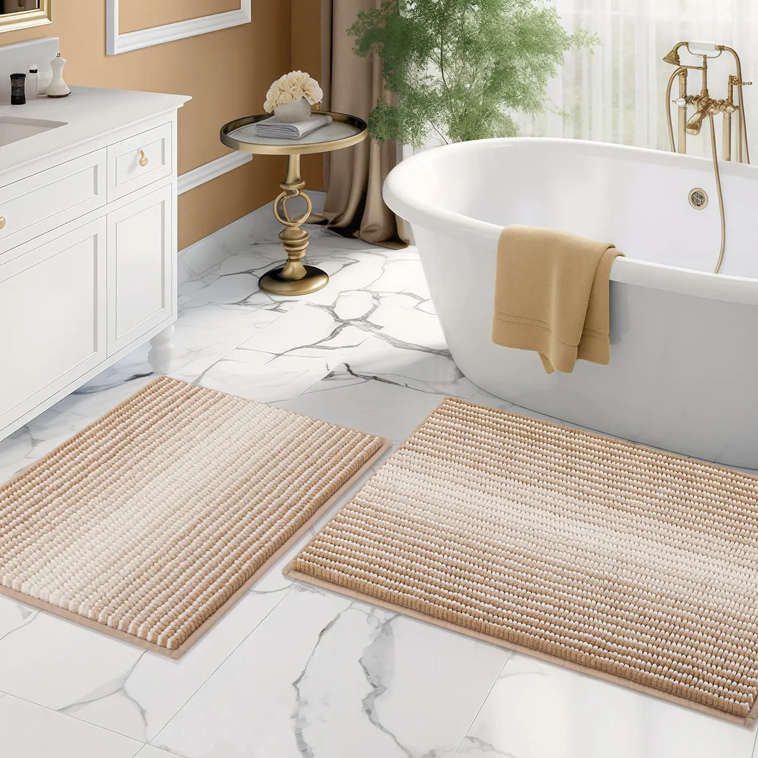 BSICPRO beige 2-piece chenille bath mat set