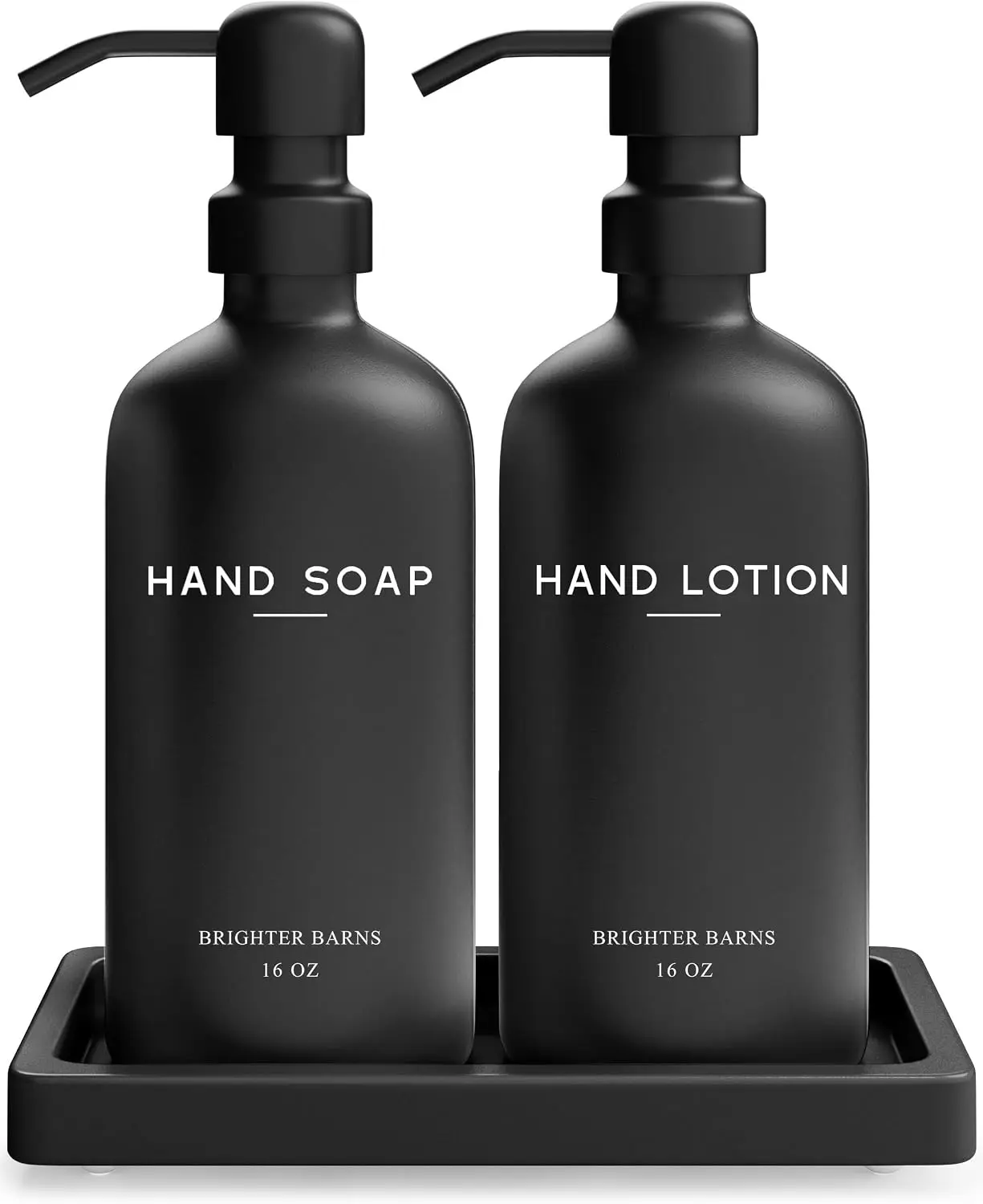 Brighter Barns black glass soap and lotion dispenser set on tray