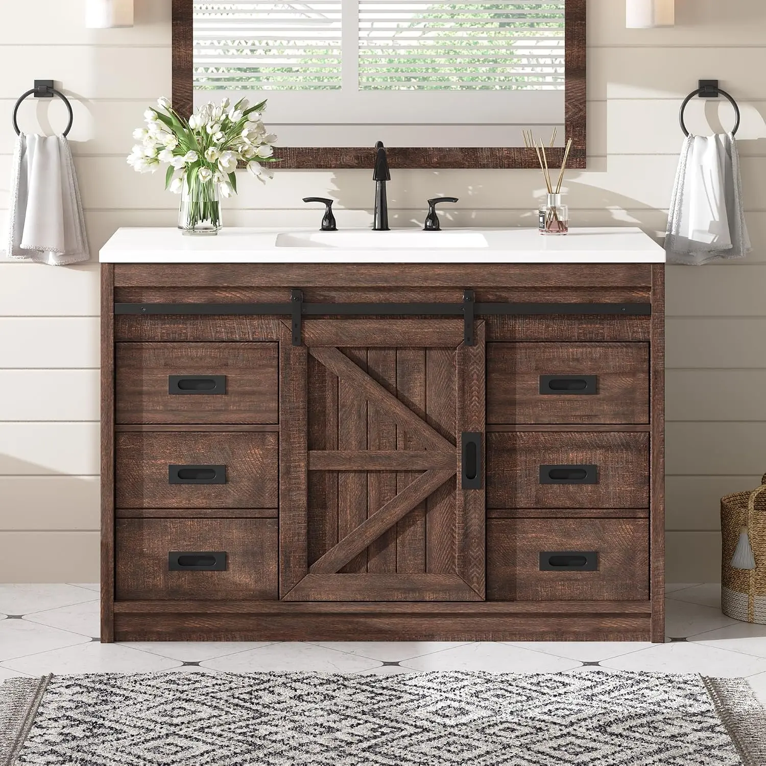 AMERLIFE 48 inch farmhouse freestanding vanity with barn door