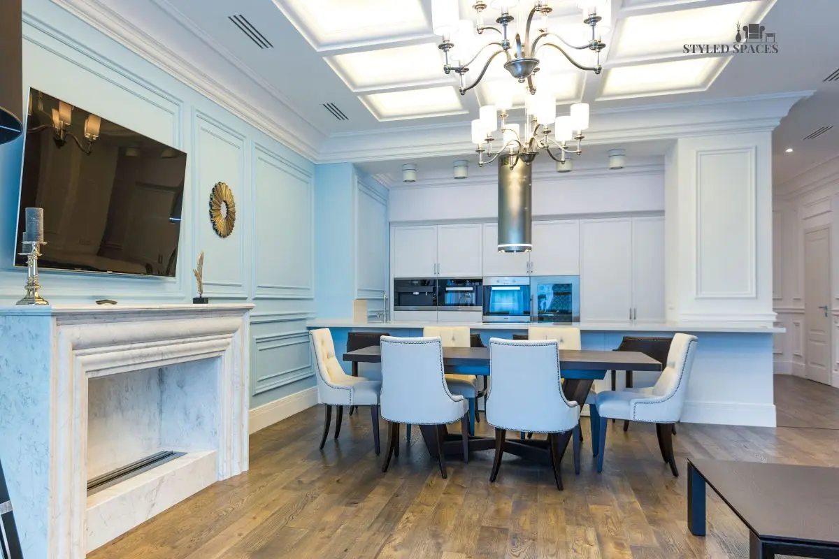 Dated fireplace updated into an elegant dining room focal point
