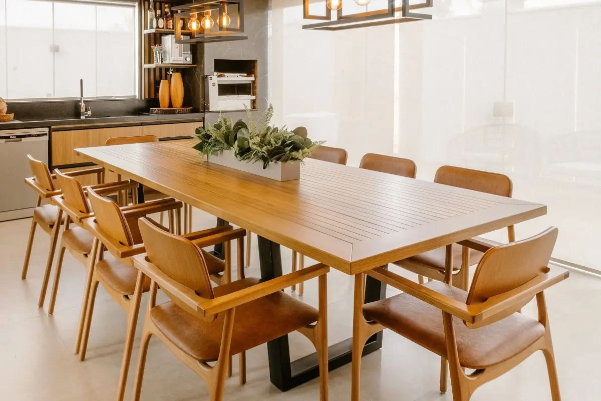 Warm natural wood dining table with visible grain