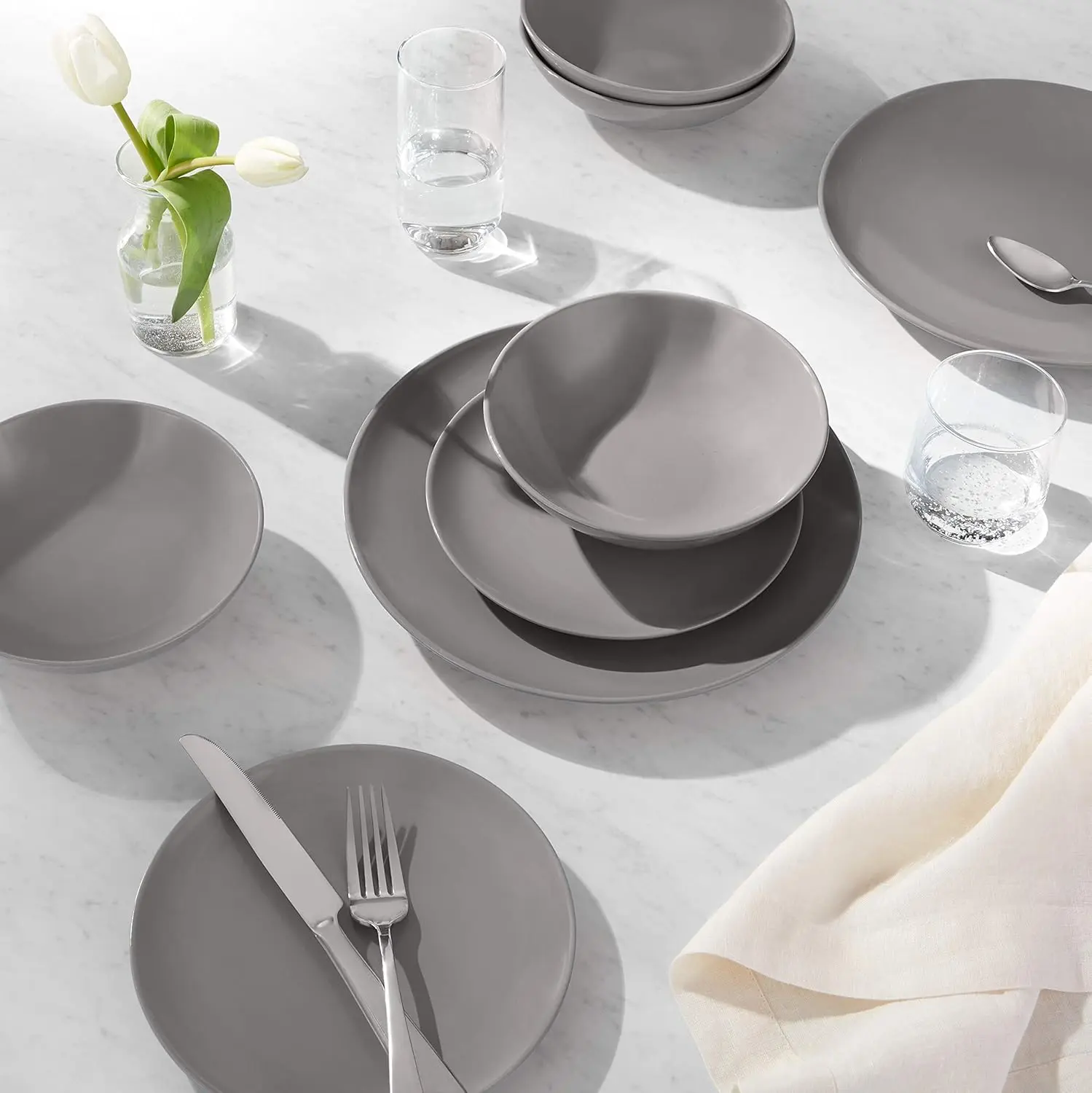 Amazon Basics 18-piece smokey grey stoneware dinnerware set