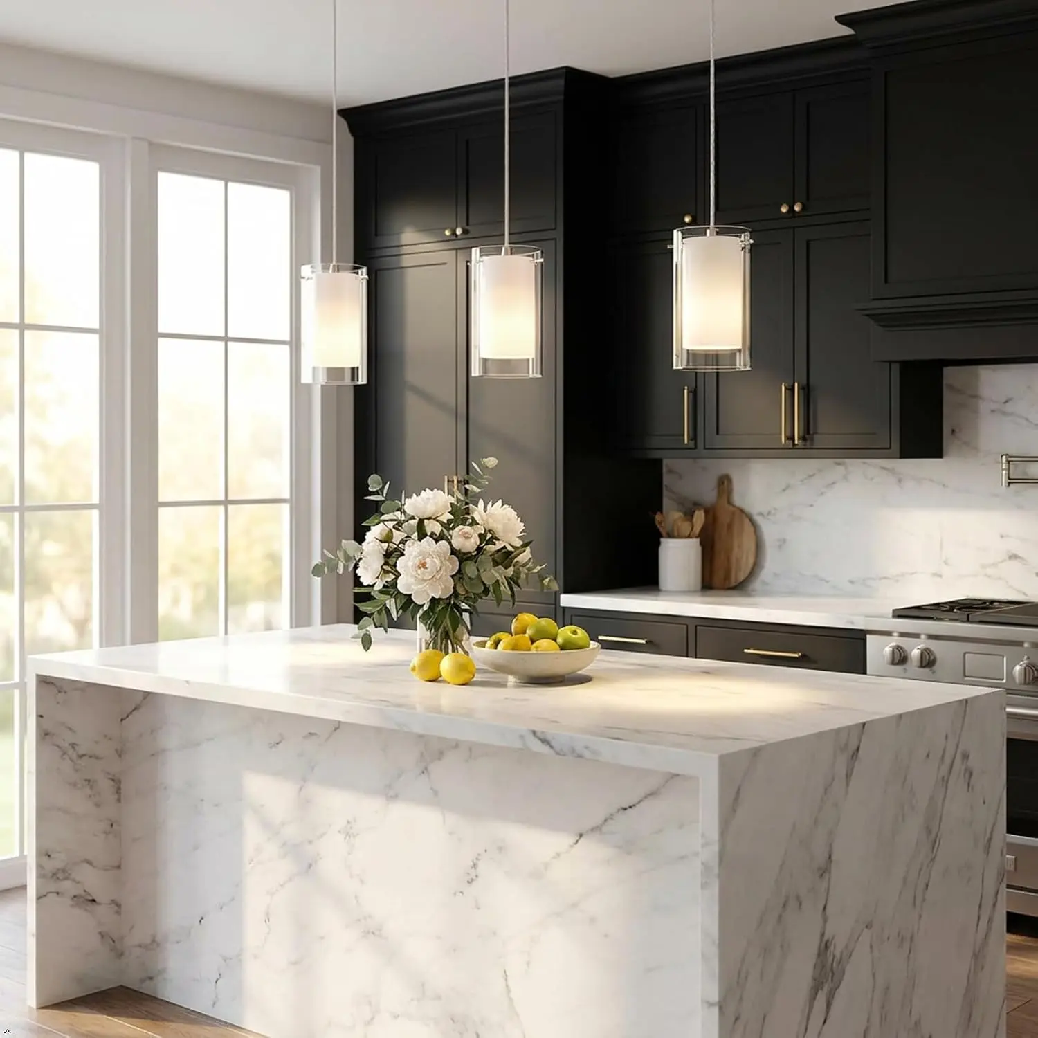 AKEZON glass cylinder pendant lights in a modern kitchen