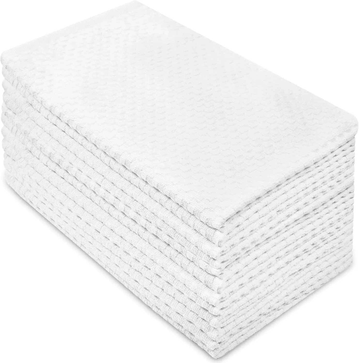 Stack of white waffle-weave kitchen towels