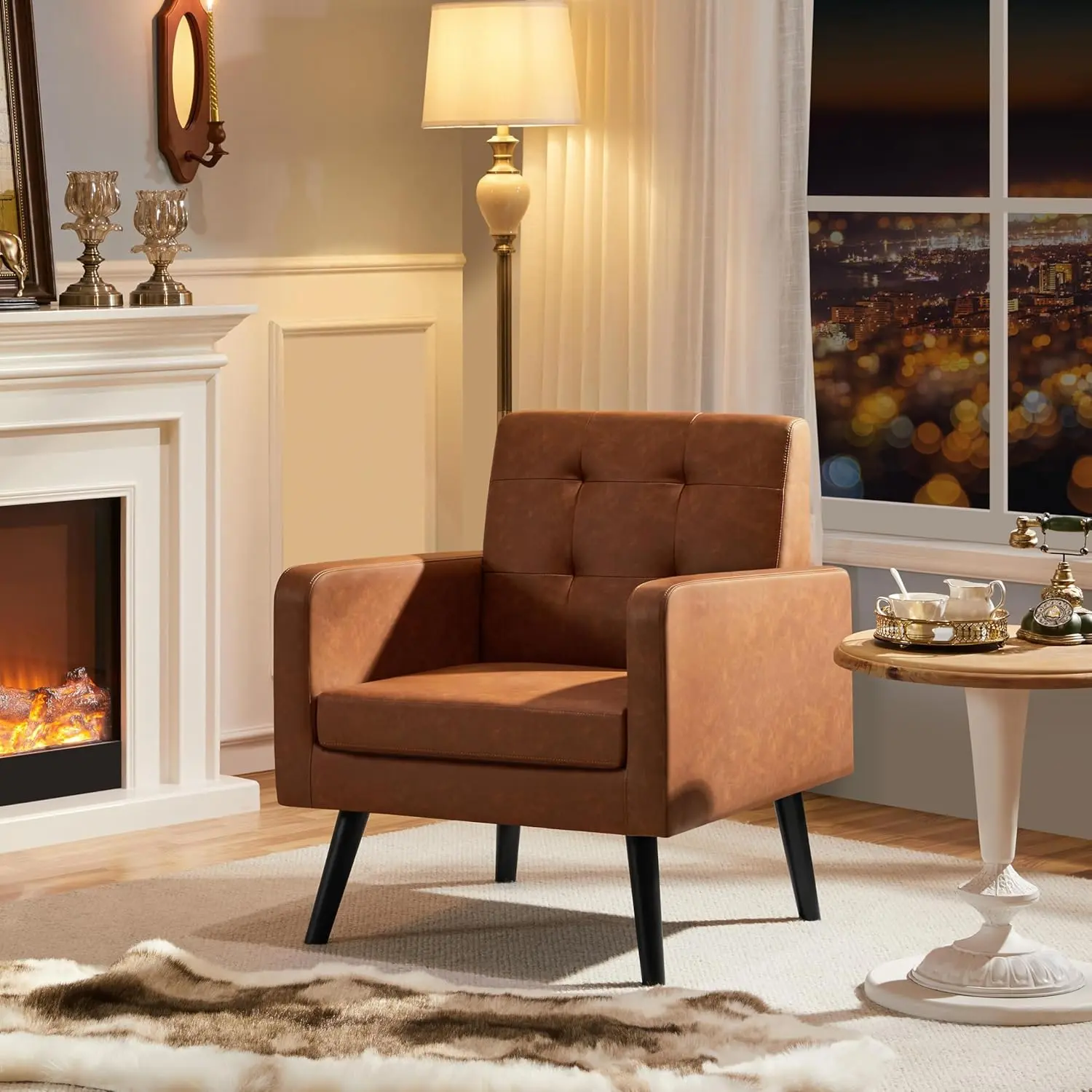 Yaheetech mid-century tufted caramel faux-leather accent chair