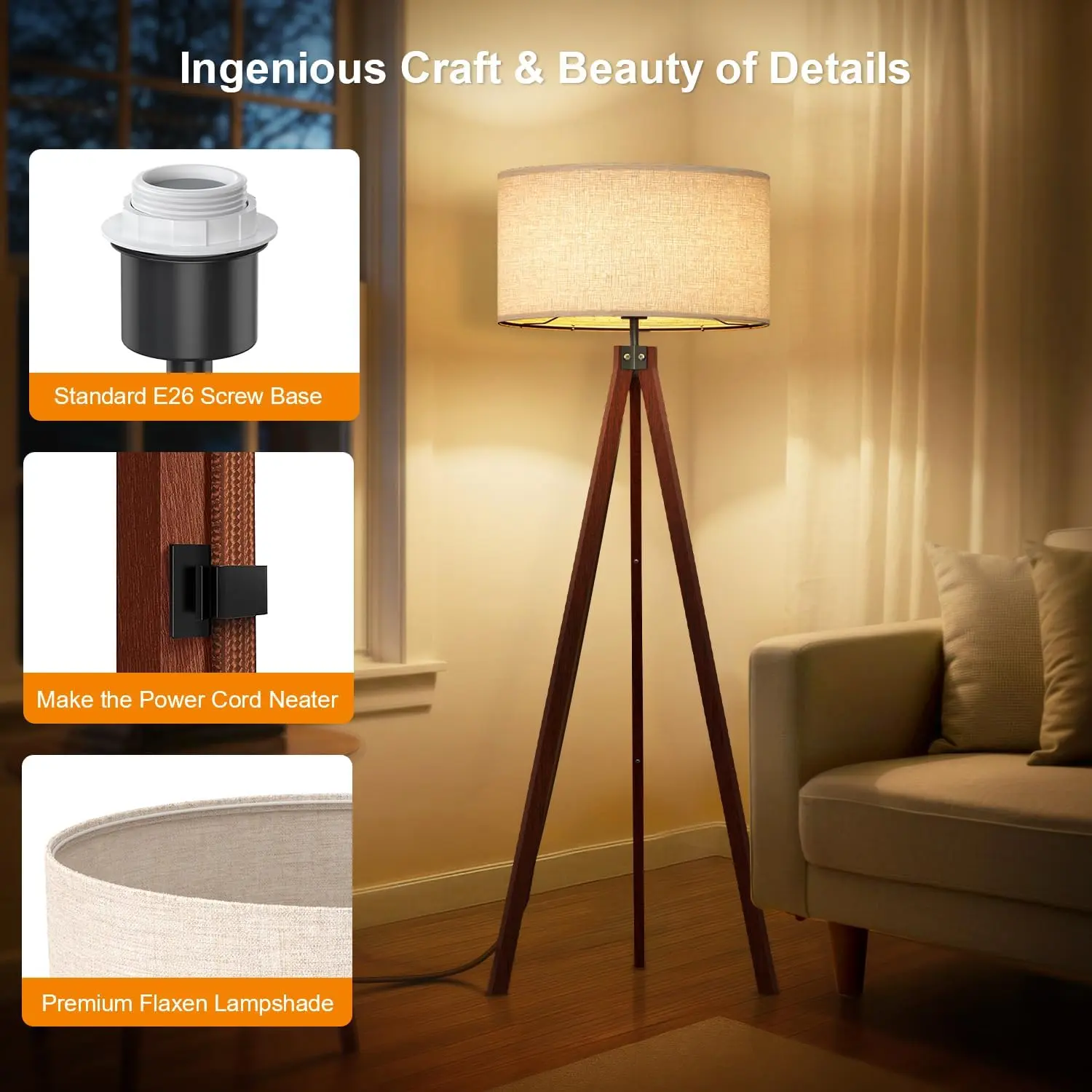 LEPOWER mid-century walnut tripod floor lamp with linen shade