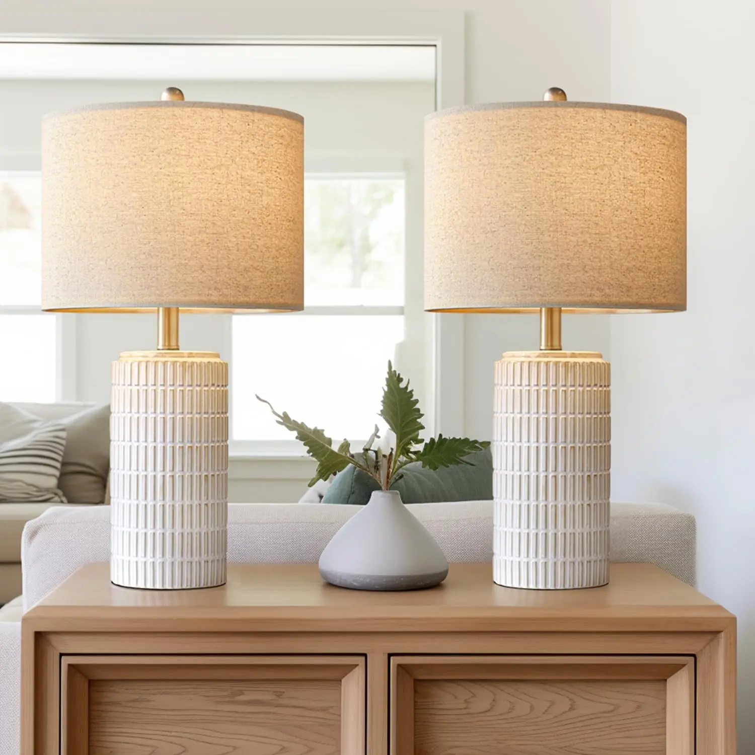PoKat pair of textured ceramic table lamps with linen shades