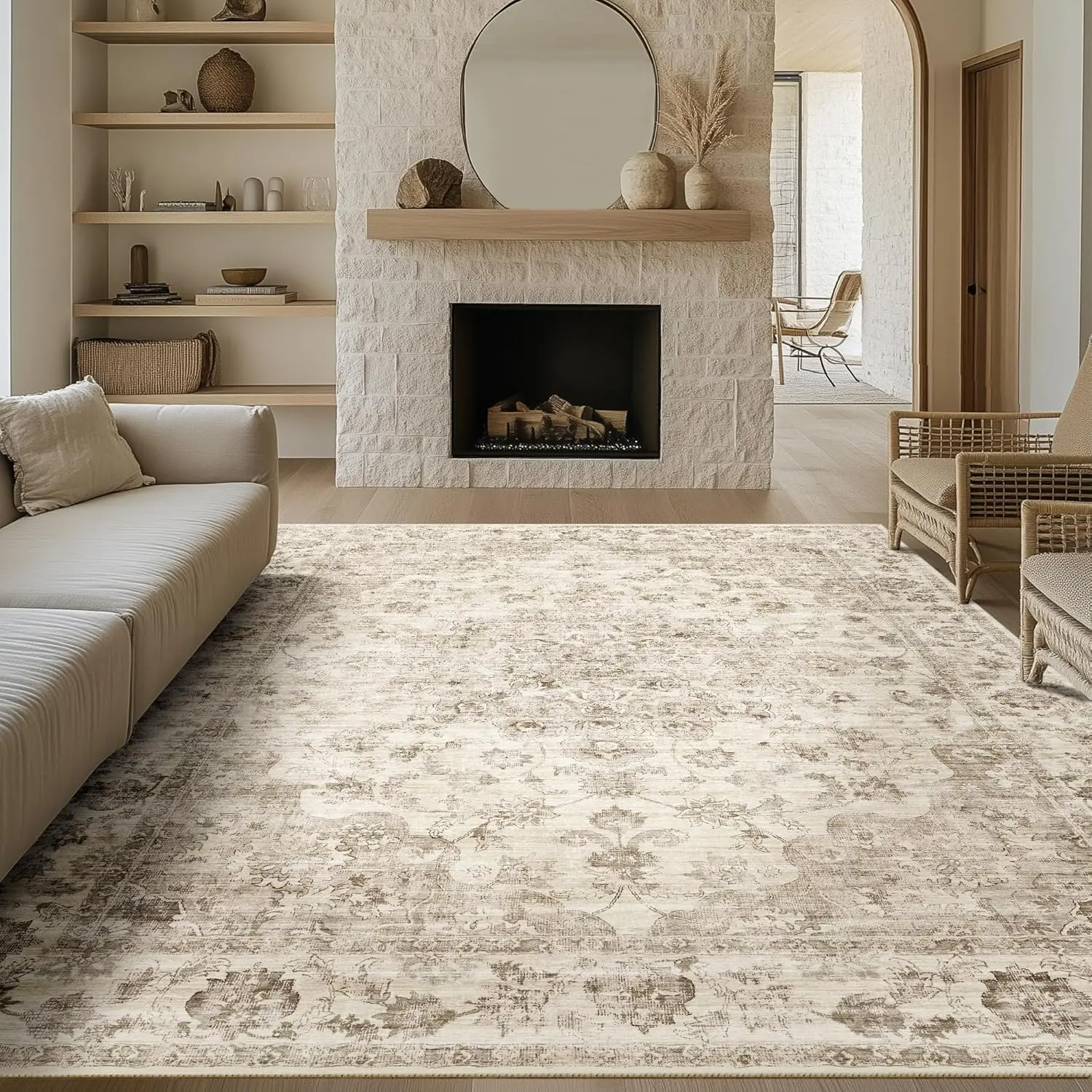 WondRg vintage-faded beige washable area rug in a bright living room