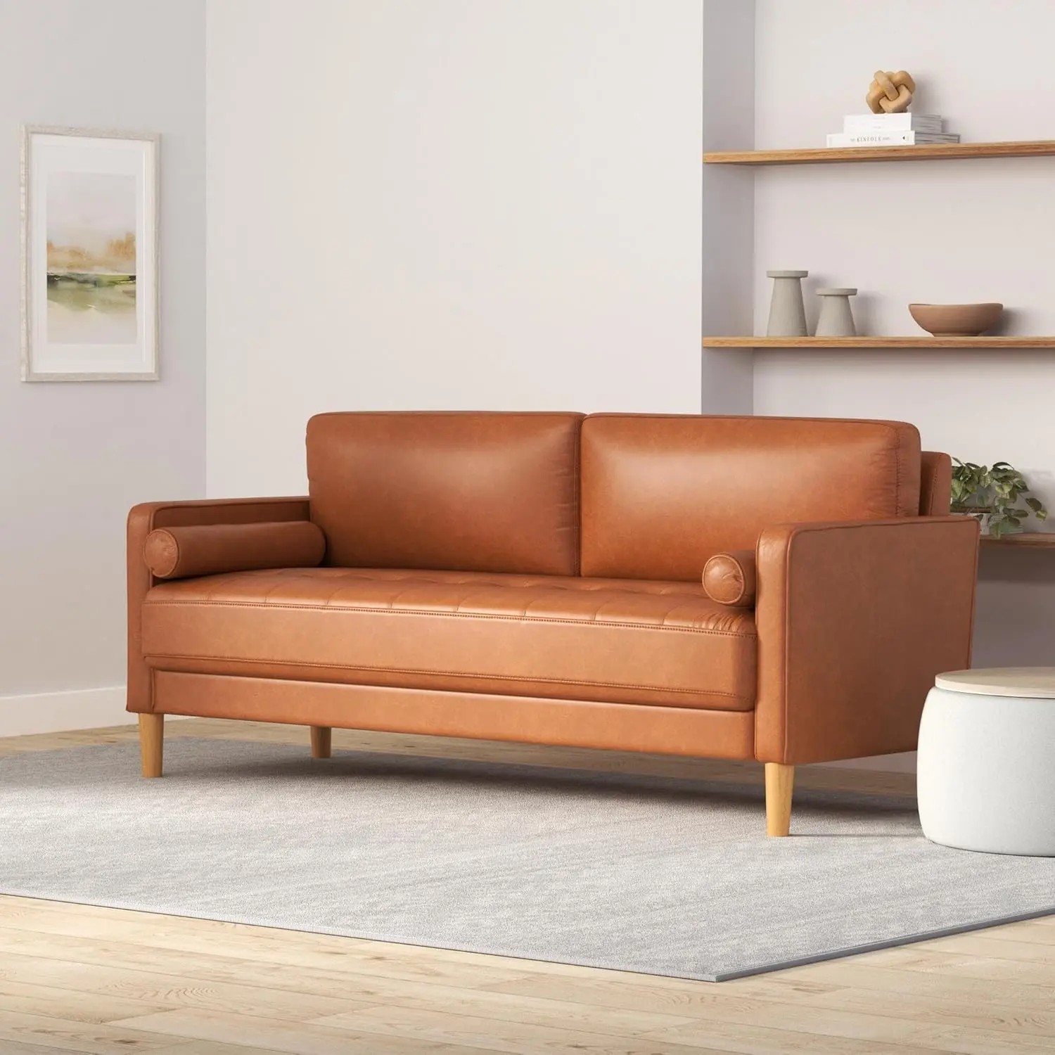 Studio Living Lexington mid-century caramel leather sofa with wood legs