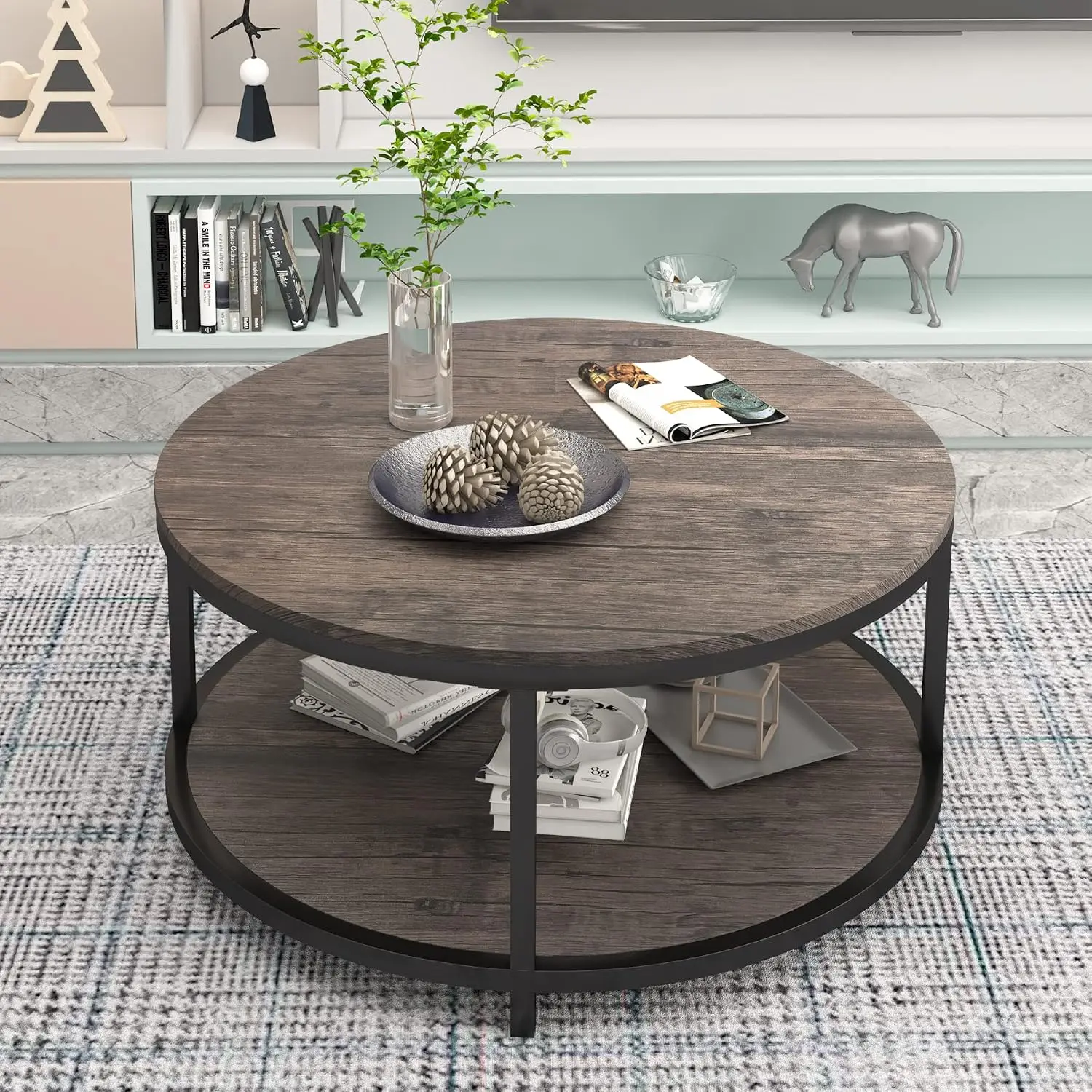 NSdirect round stone-look coffee table with lower shelf