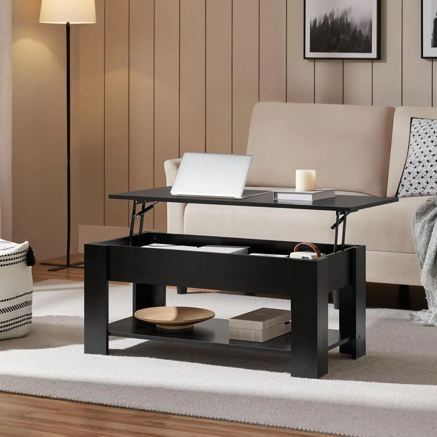Yaheetech black lift-top coffee table with hidden storage
