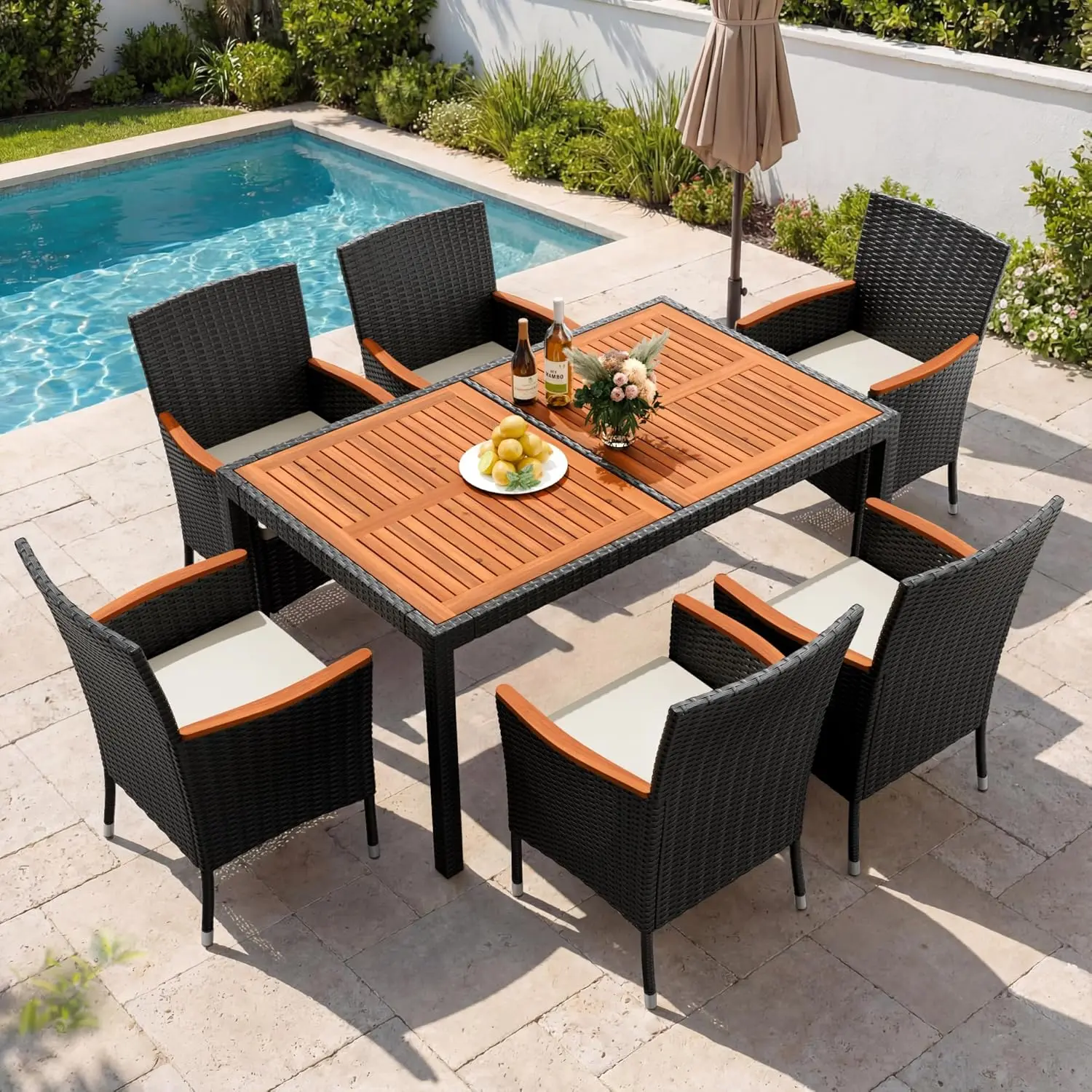 Devoko 7-piece patio dining set with acacia wood table top and black rattan chairs