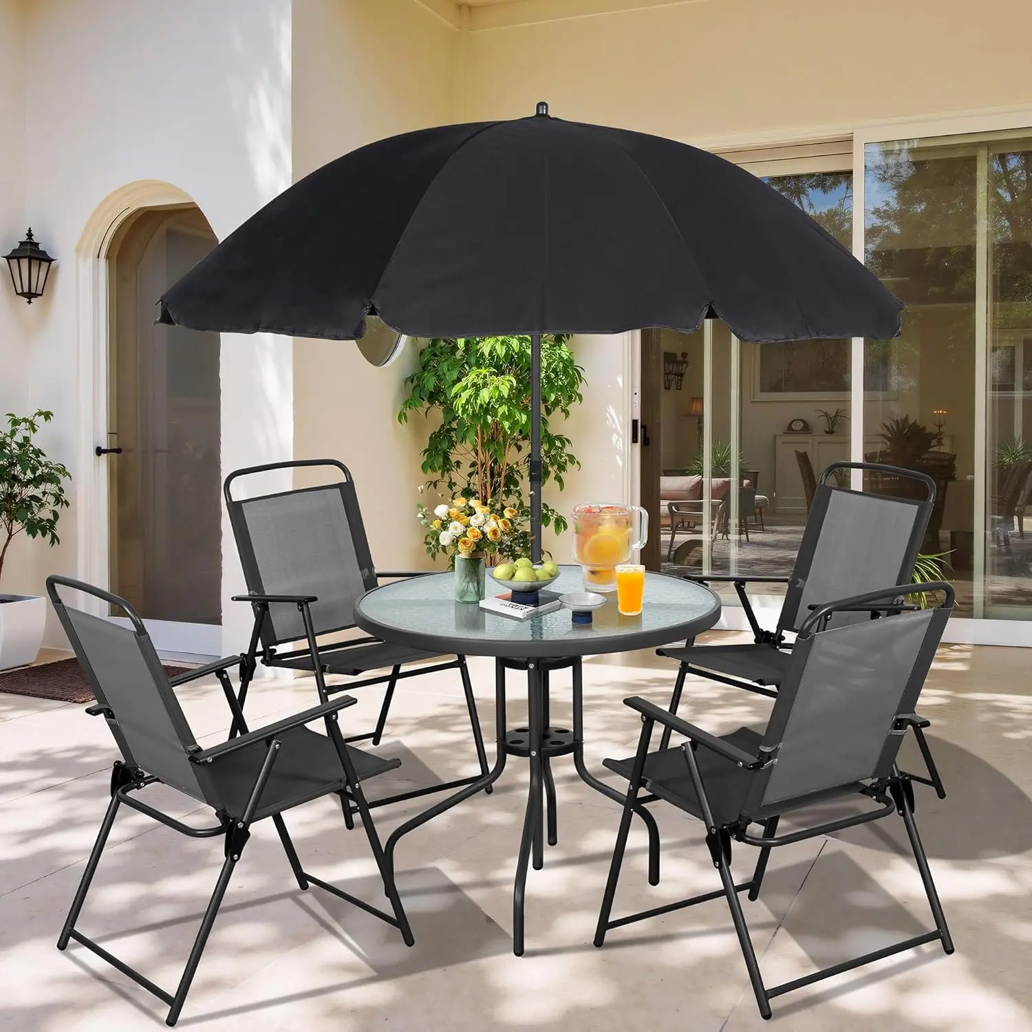 Vongrasig 6-piece folding patio dining set with glass table and umbrella