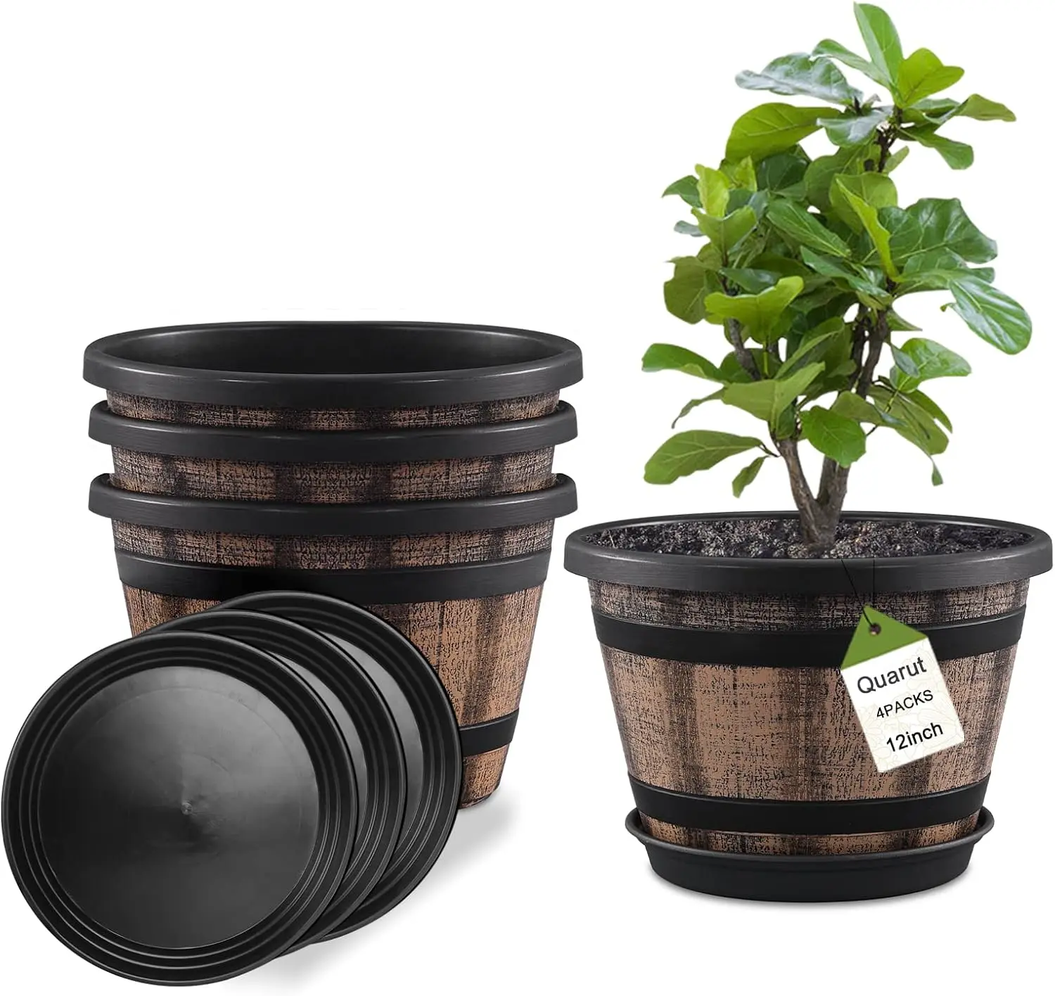Set of four whiskey-barrel style resin planters with drainage