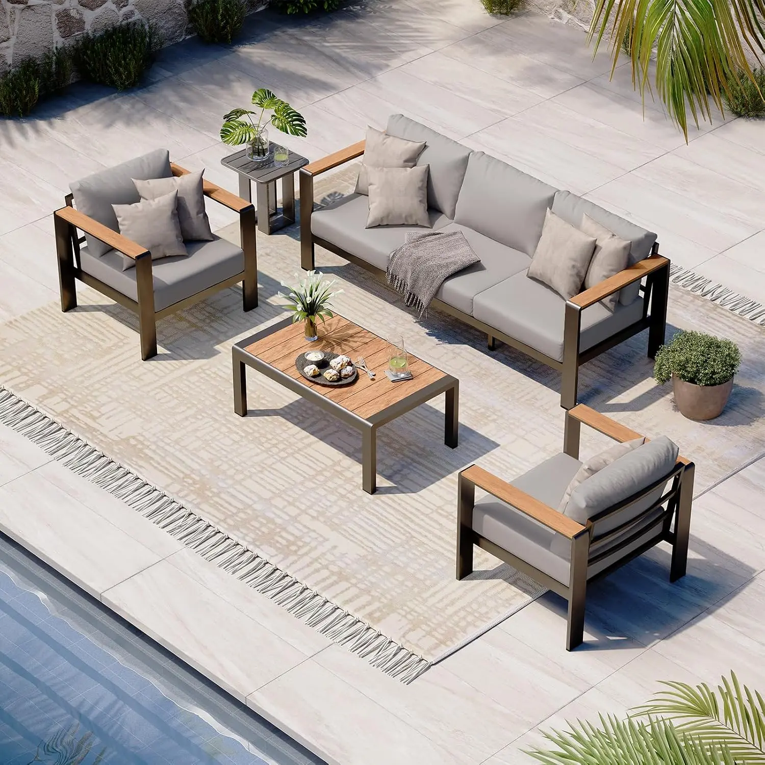 Oasbira aluminum 4-piece patio conversation set with coffee table and gray cushions