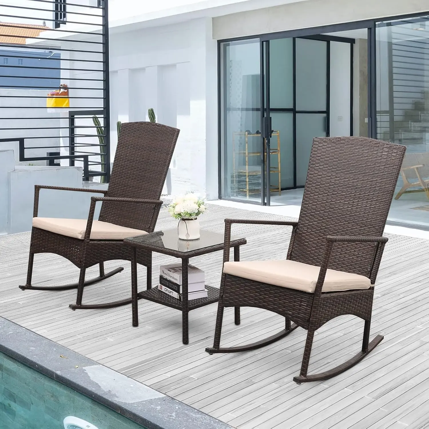 Rattaner HDPE wicker rocking chair 3-piece bistro set with glass side table