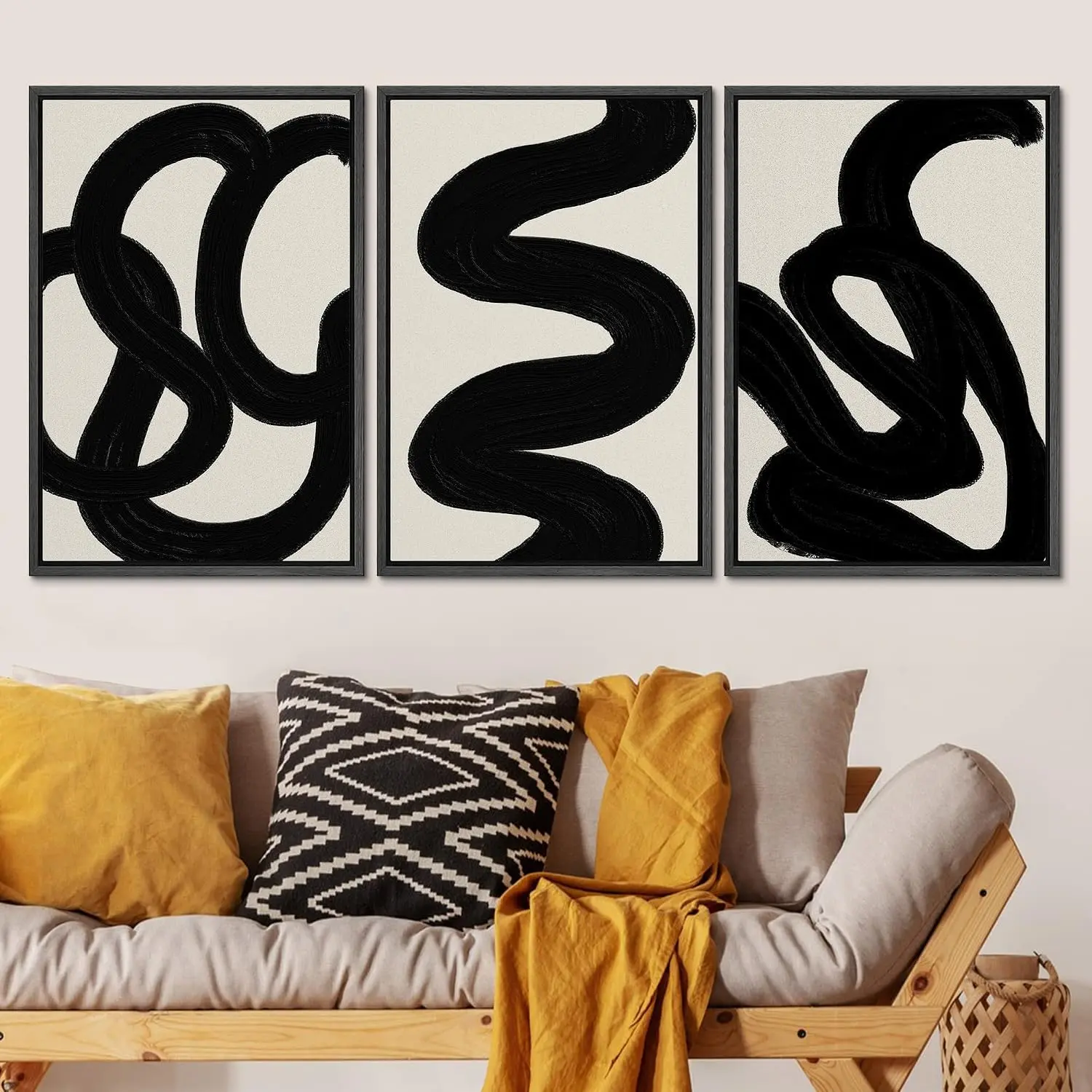 SIGNLEADER black abstract brushstroke framed canvas triptych