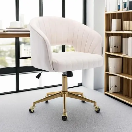 Blush velvet channel-tufted vanity desk chair with gold base and wheels