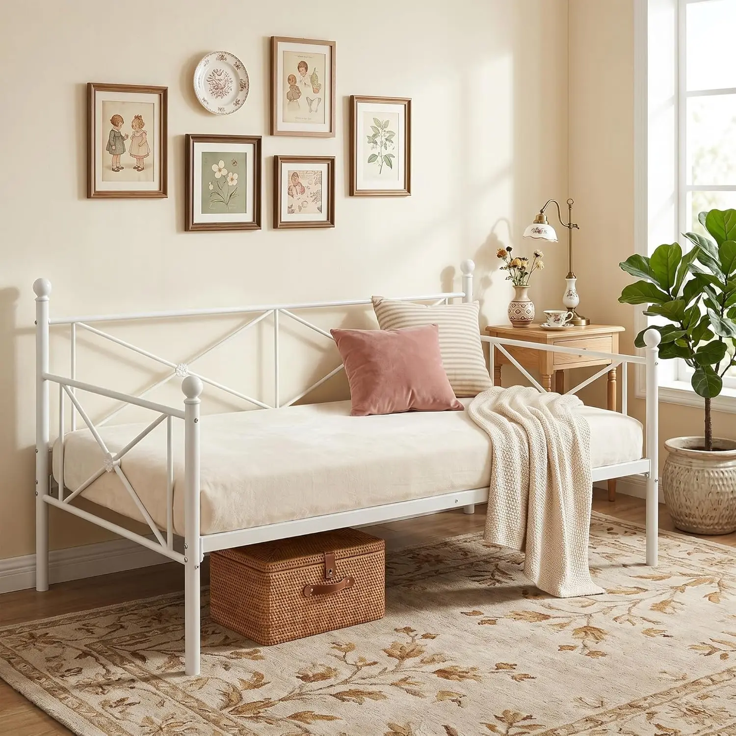 VECELO white metal twin daybed frame with crossbar detail