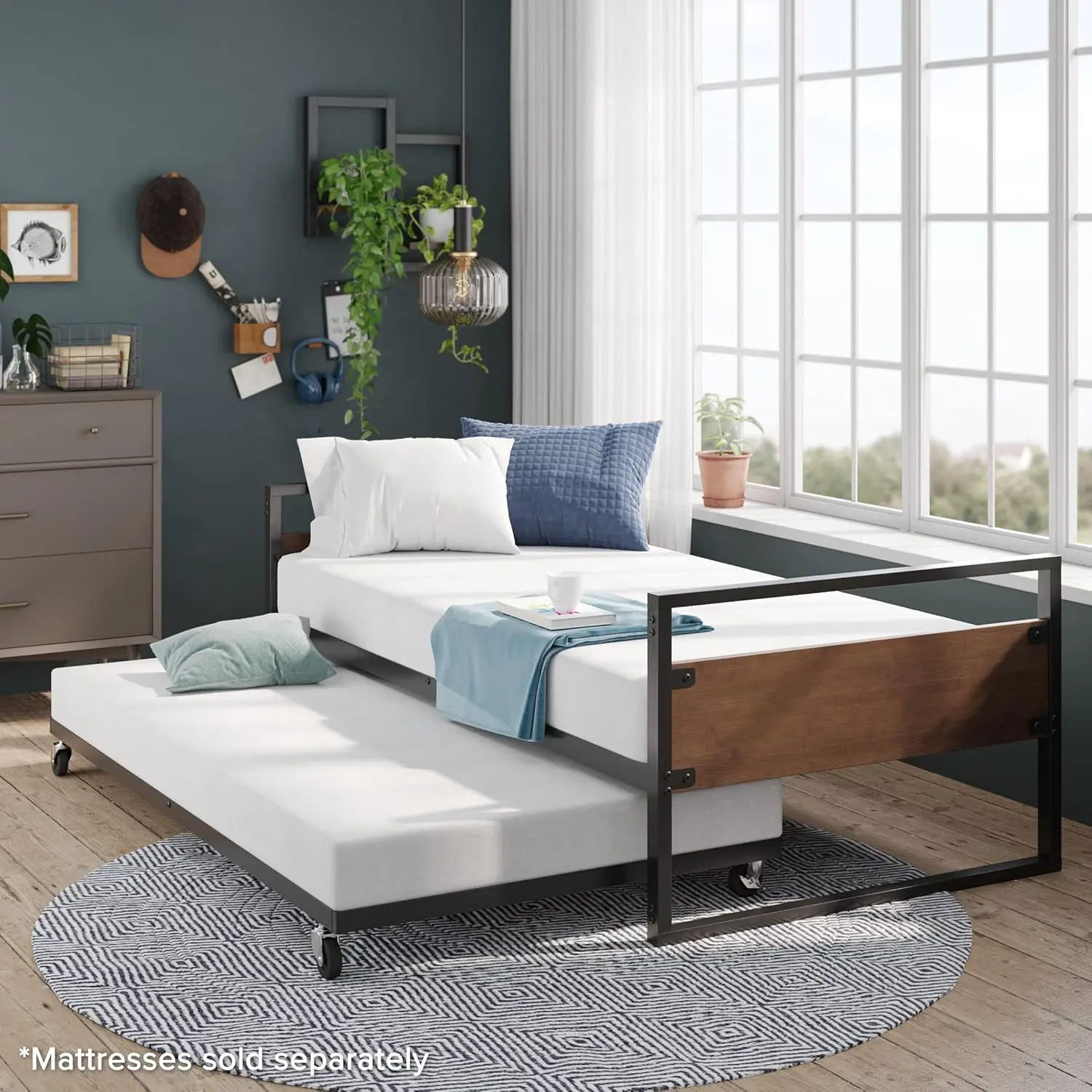 ZINUS Suzanne bamboo and black metal daybed with pull-out trundle