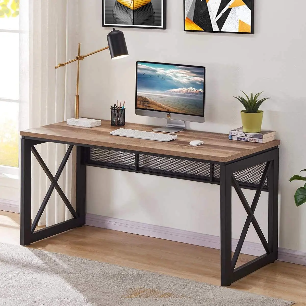 60 inch industrial computer desk with wood top and black metal X-frame legs