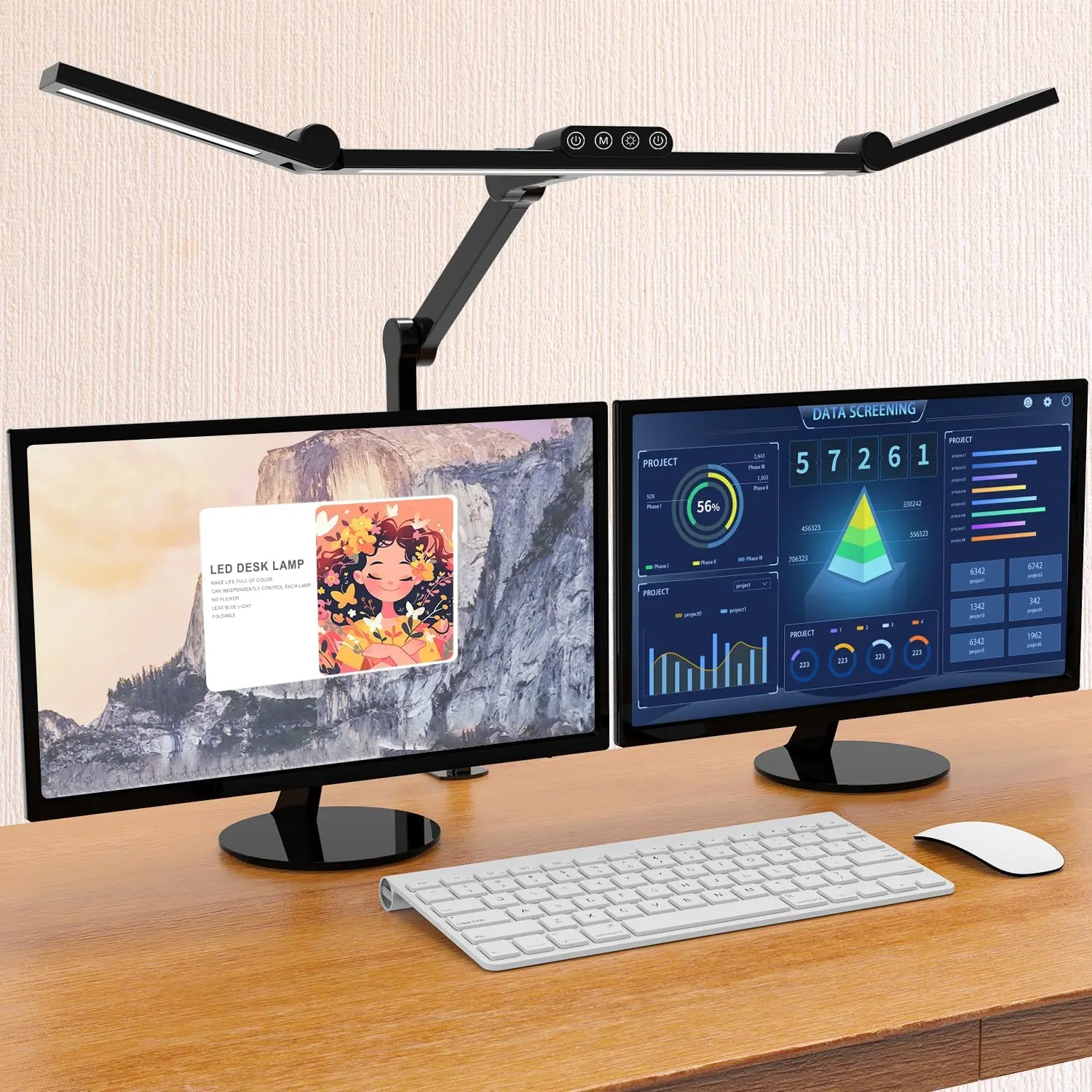 Double-head LED architect desk lamp with clamp over dual monitors