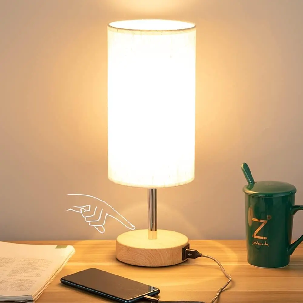 Yarra-Decor minimalist table lamp with linen shade, wood base and USB port