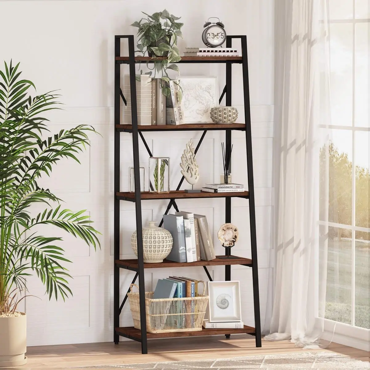 5-tier rustic wood and black metal ladder shelf bookcase