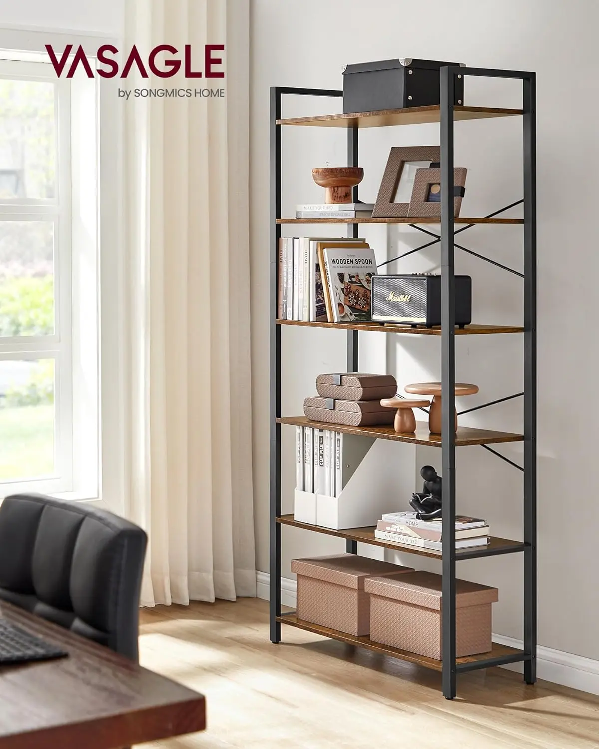 VASAGLE 6-tier tall rustic brown and black industrial bookshelf