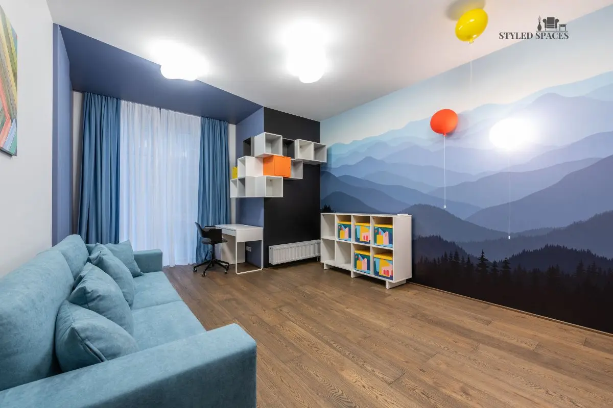 Kids room designed around an immersive mural theme instead of standard pastels