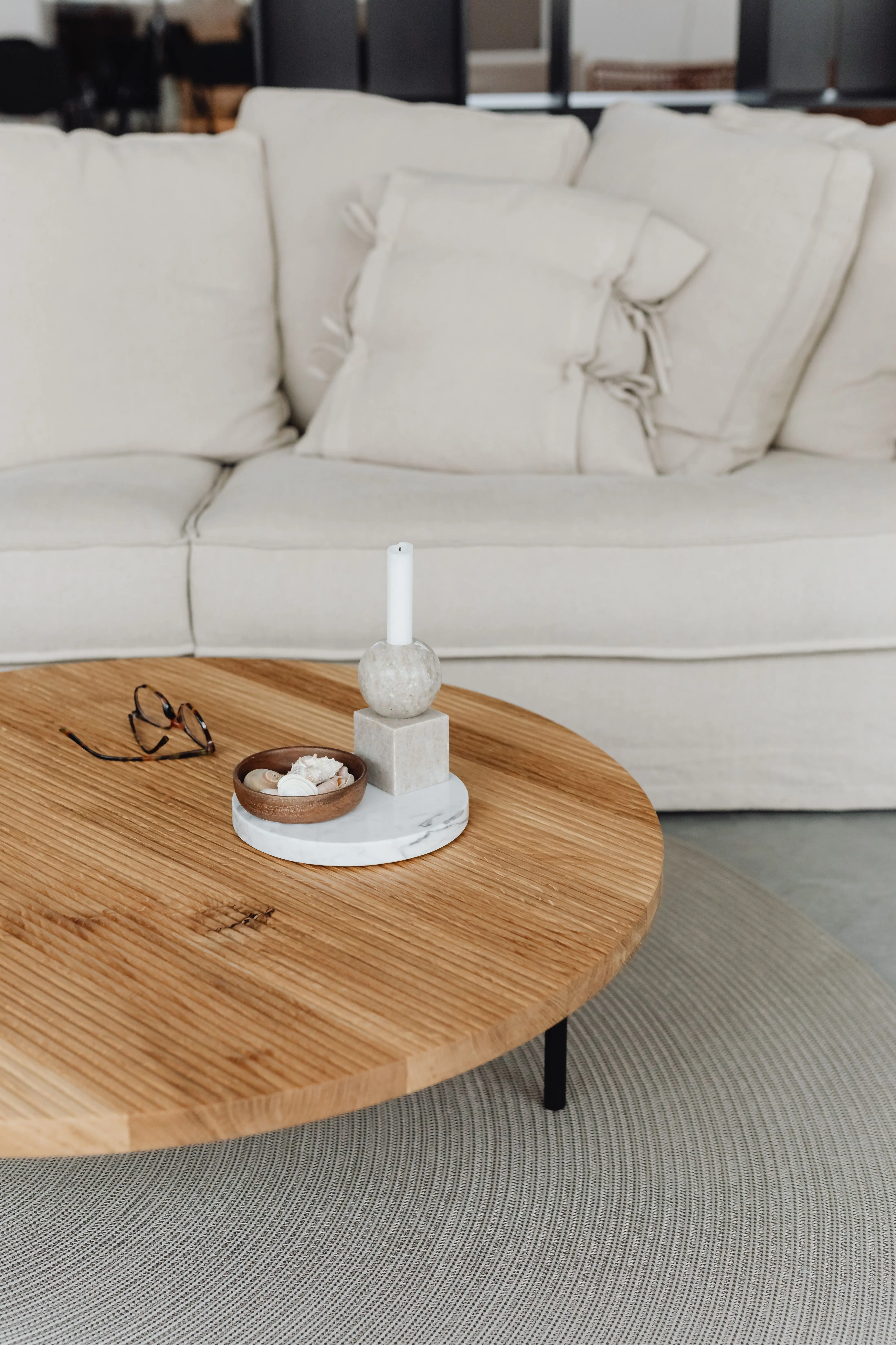 Coffee table styled with a few curated decor pieces